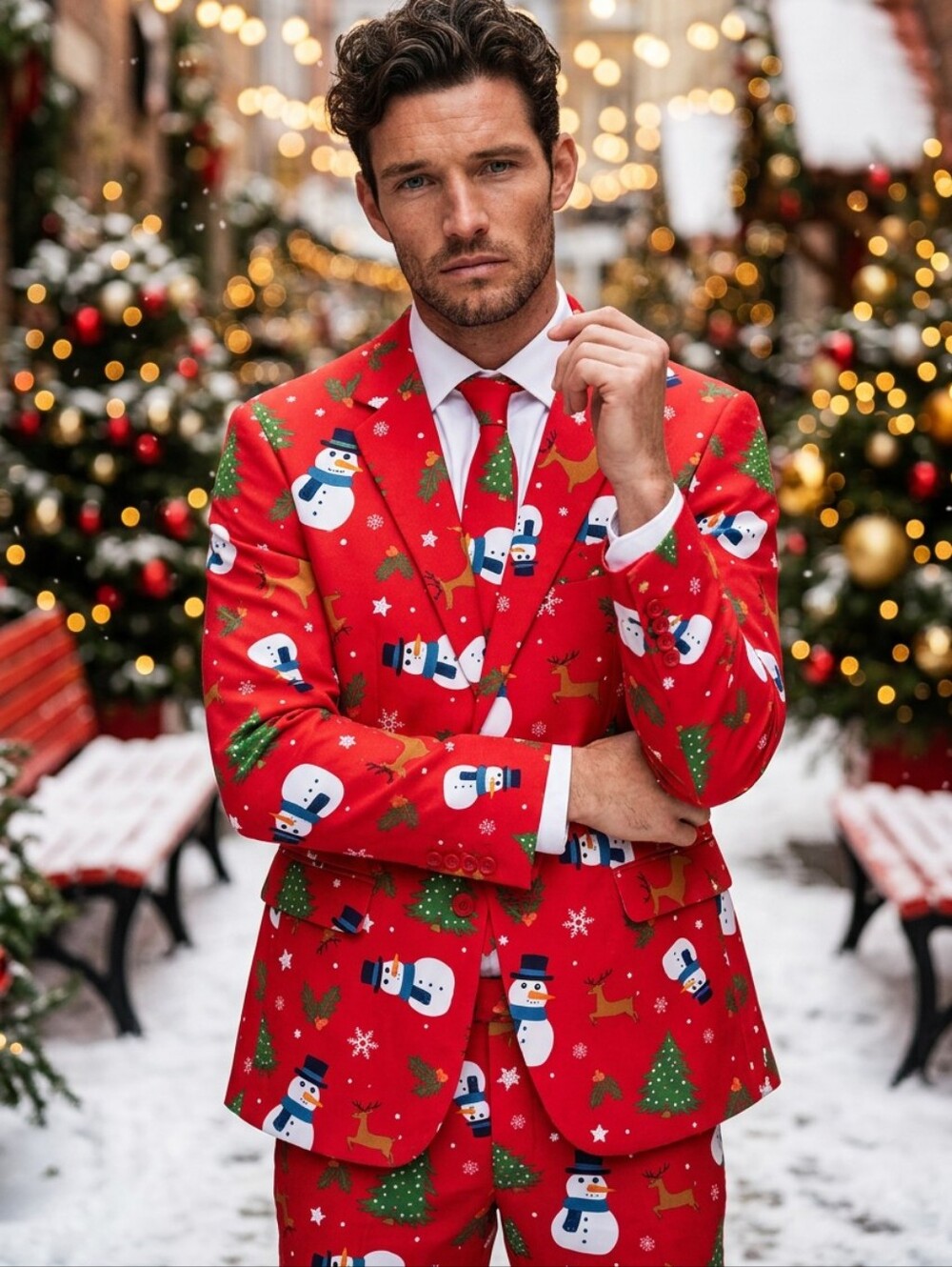 OppoSuits Christmaster Ugly Christmas Suit 3 Piece Red Snowman Holiday XL 44R